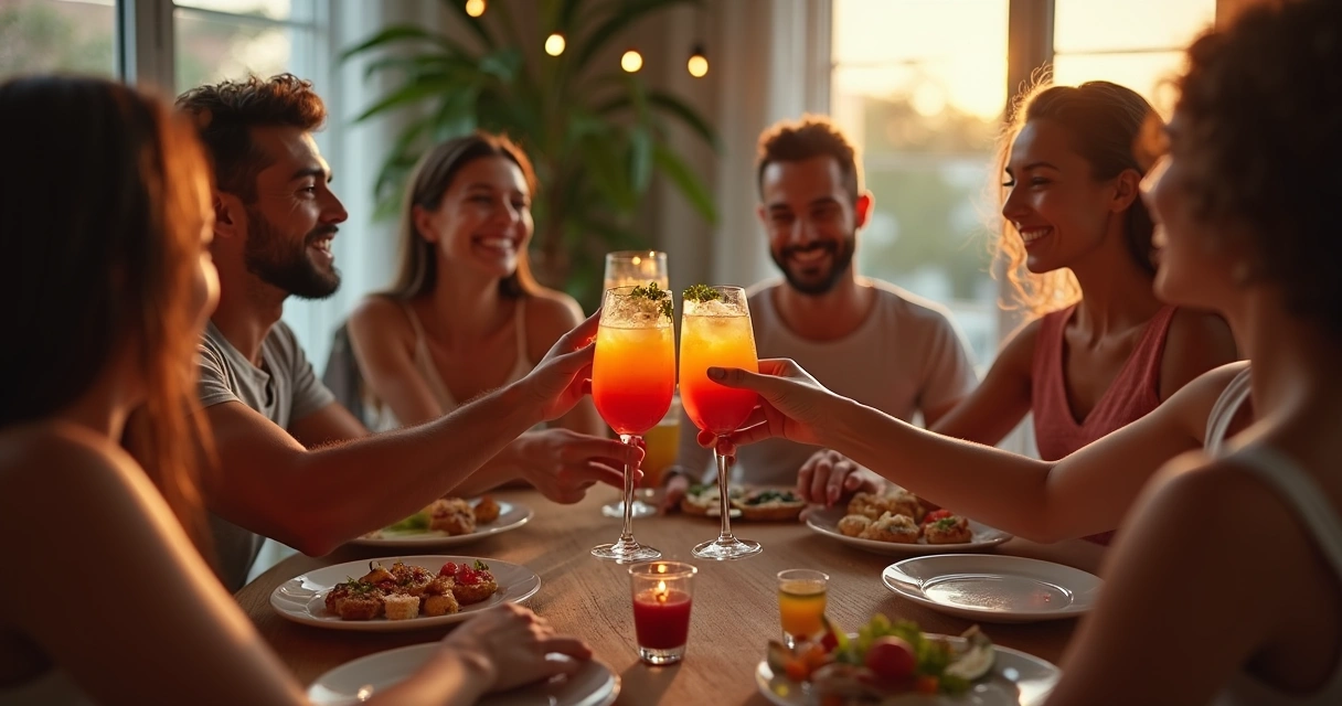Amigos reunidos em casa brindando no happy hour 