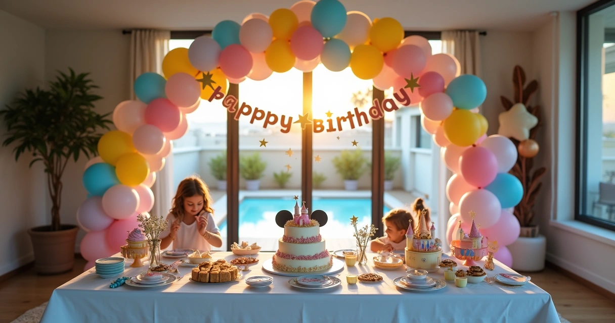 Mesa decorada para festa infantil temática em casa de temporada 