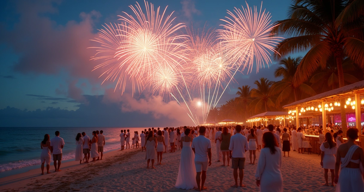 Celebração de Ano Novo na praia ao anoitecer com fogos de artifício e multidão elegante 