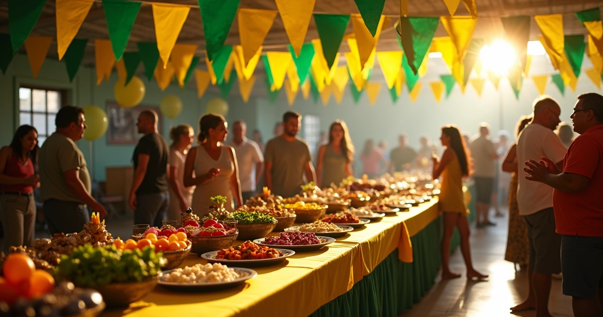 Decoração colorida de festa típica brasileira em Orlando com pessoas conversando 