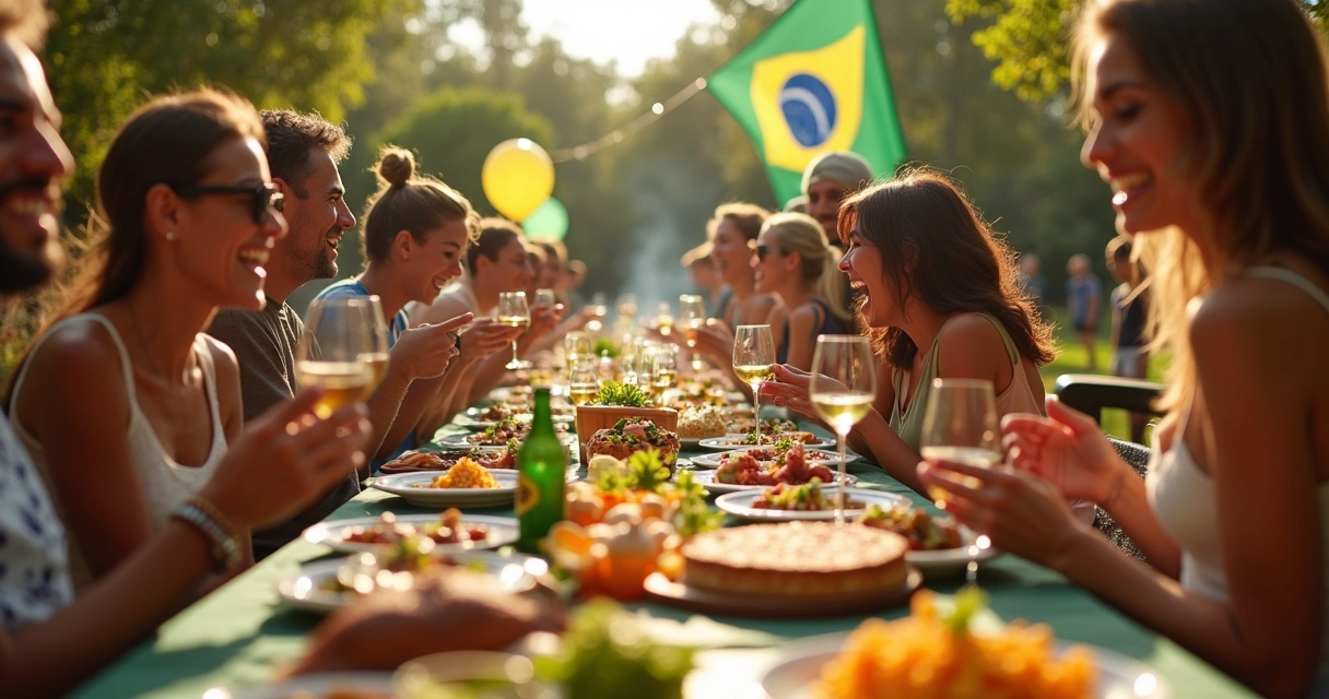 Animada festa de brasileiros em Orlando com churrasco e bandeiras do Brasil 