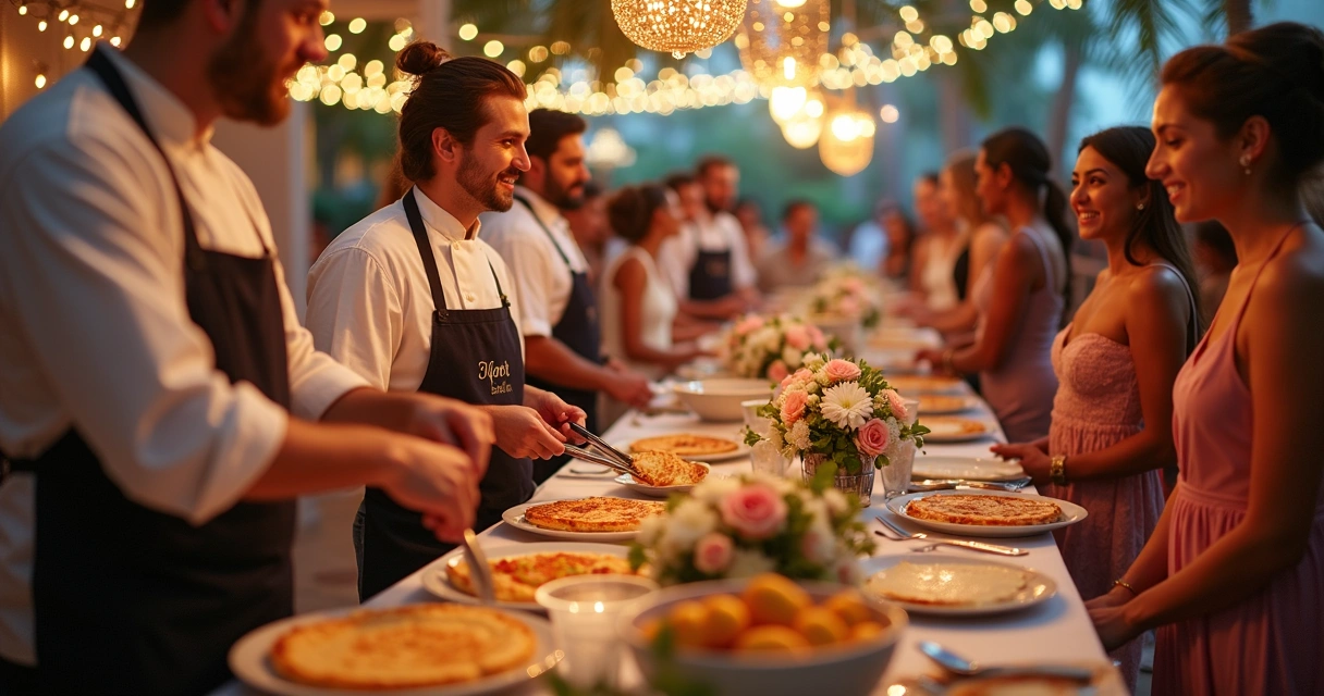 Buffet de crepes sendo preparado ao vivo em ambiente de festa 