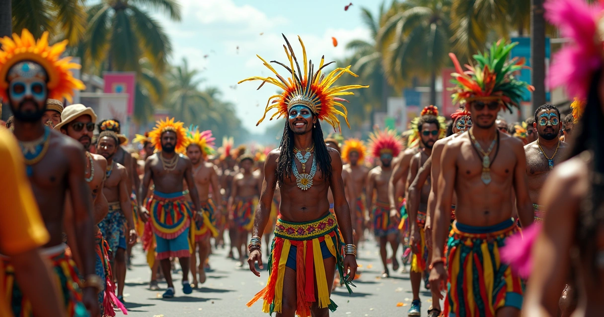 Desfile de Carnaval nas Américas com fantasias coloridas e diferentes influências culturais 