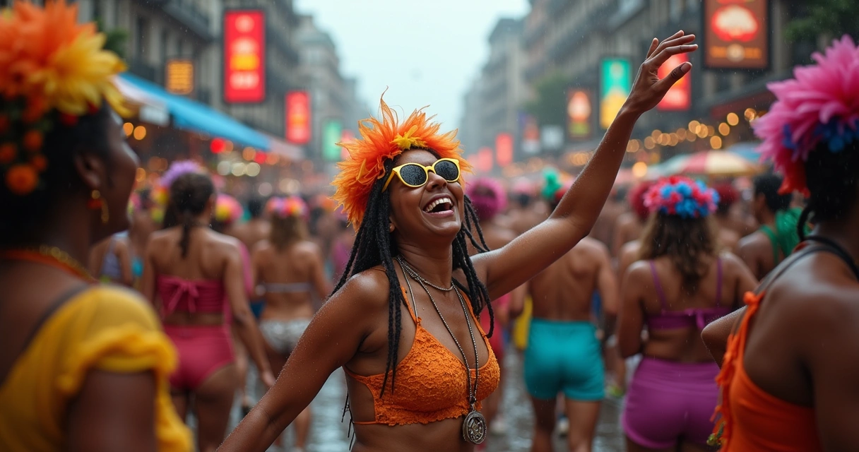Multidão fantasiada em bloco de carnaval com chuva ao fundo 