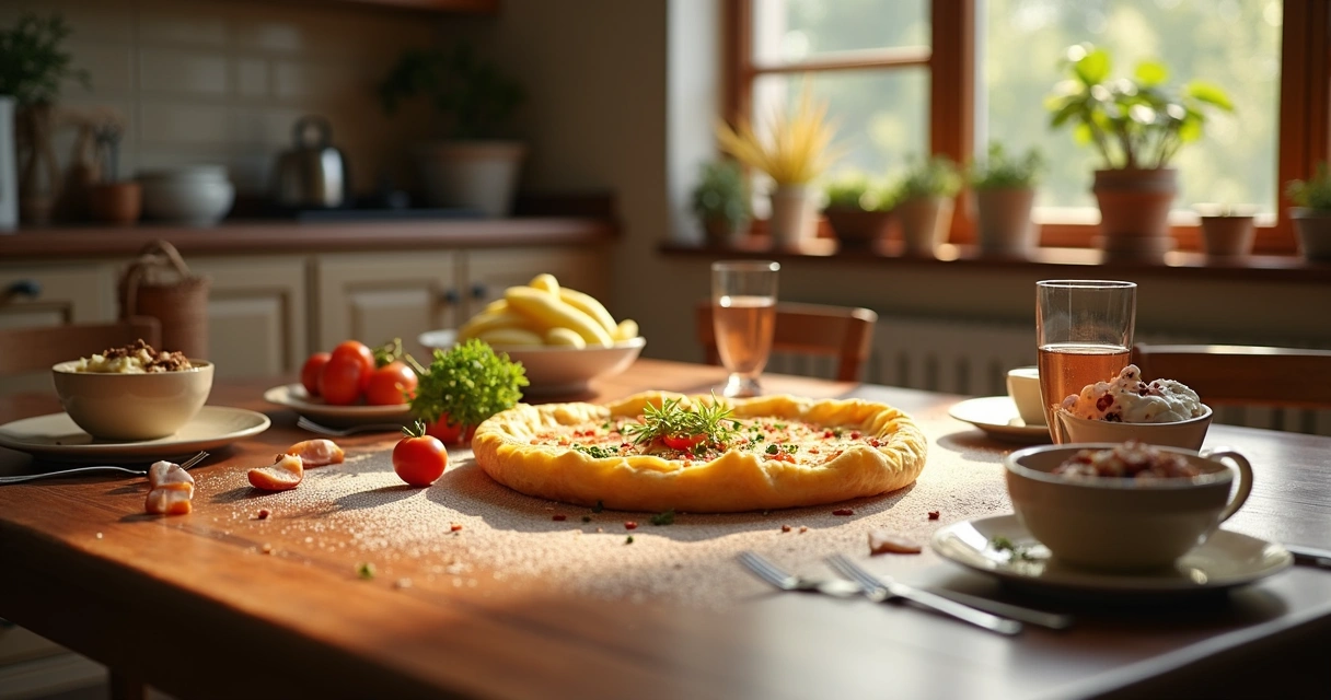 Mesa de evento pequeno com crepes prontos e convidados servindo-se 