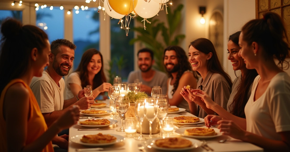 Festa de Réveillon em casa na Flórida, pessoas sorrindo servindo crepes 