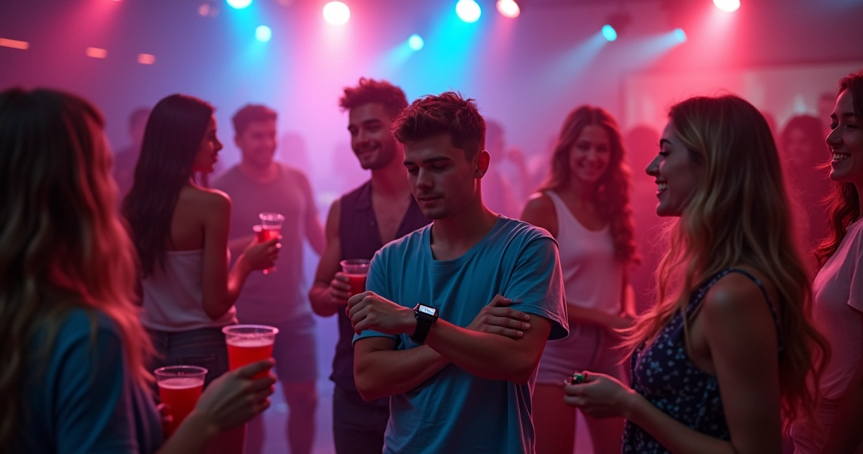 Grupo de jovens em festa segurando copos, um deles consultando o relógio discreto para lembrar da PrEP