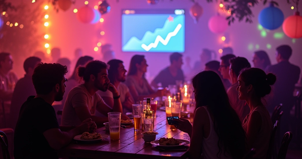 Grupo animado em festa com gráficos crescentes de seguidores e decoração vibrante.