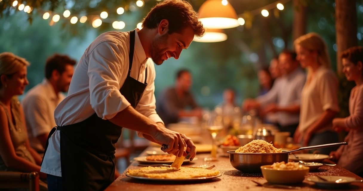 Mestre crepeiro preparando crepes ao vivo em festa familiar em Orlando 