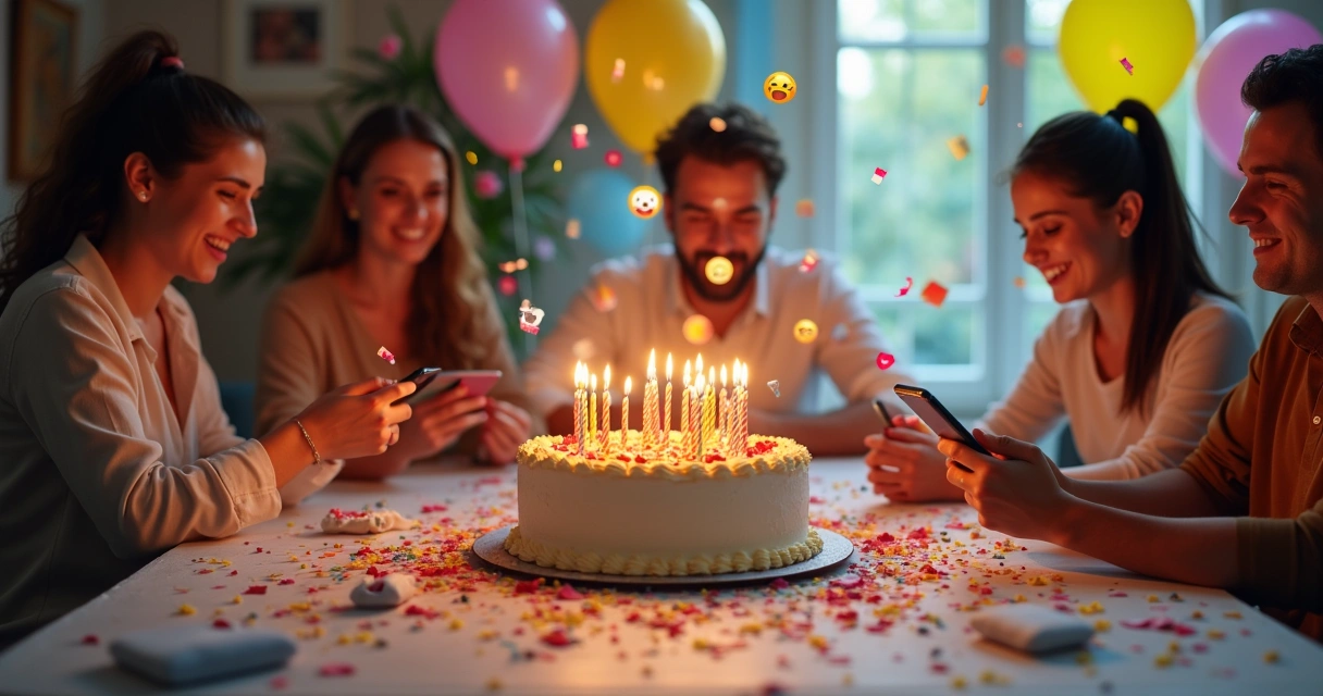 Mesa com bolo, balões coloridos e celulares enviando figurinhas de festa. 