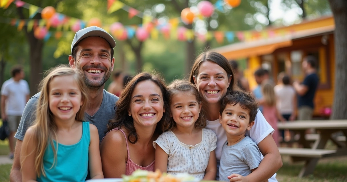 Família celebrando em festa ao ar livre em Tampa com crianças e decoração alegre 