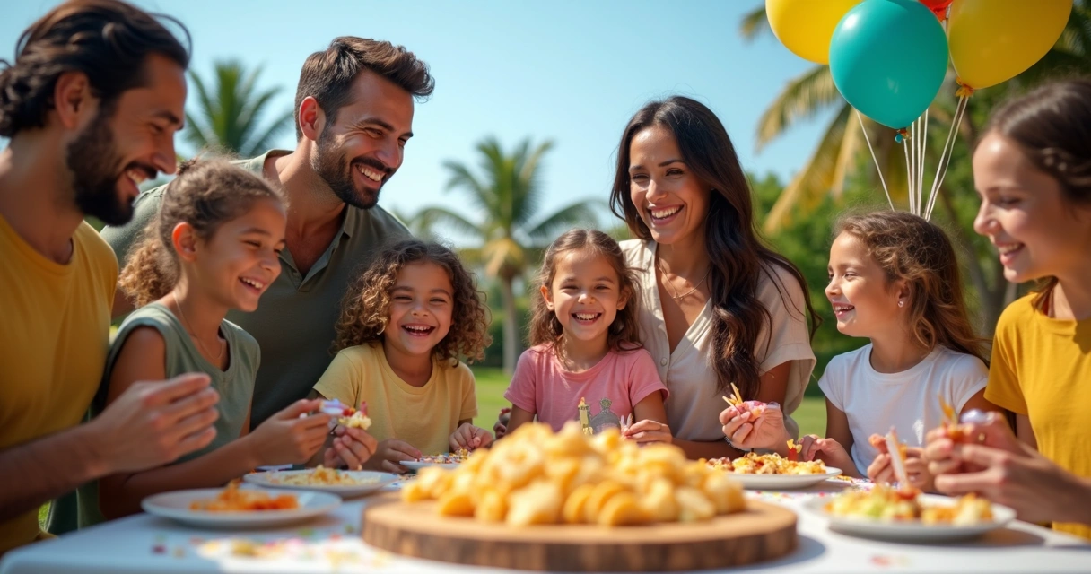 Família brasileira comemorando em festa ao ar livre em Orlando 