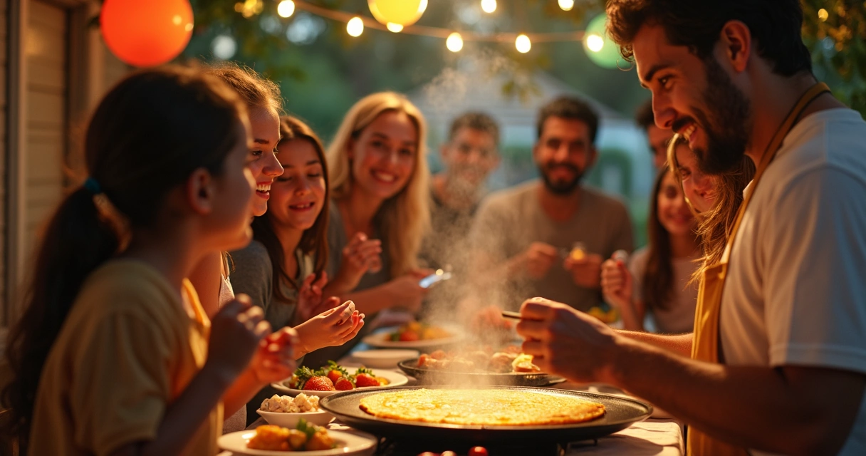 Festa familiar com buffet de crepes e convidados sorrindo 