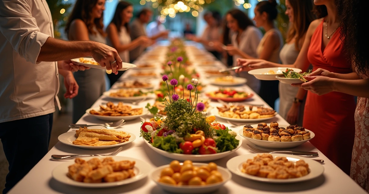 Mesa de festa com opções gastronômicas variadas 