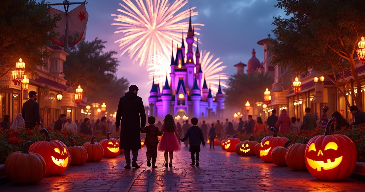 Decoração luxuosa de Halloween em parque temático com pessoas fantasiadas, iluminação laranja e roxa, abóboras iluminadas e shows ao fundo