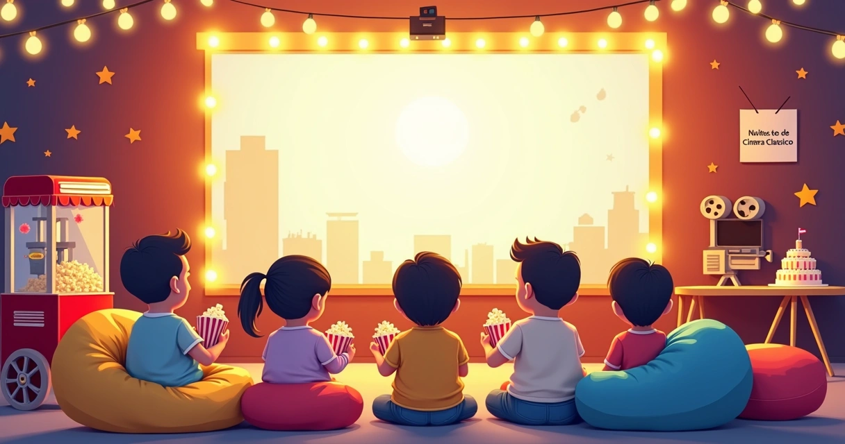 Crianças em festa infantil assistindo filmes clássicos em telão com decoração retrô 