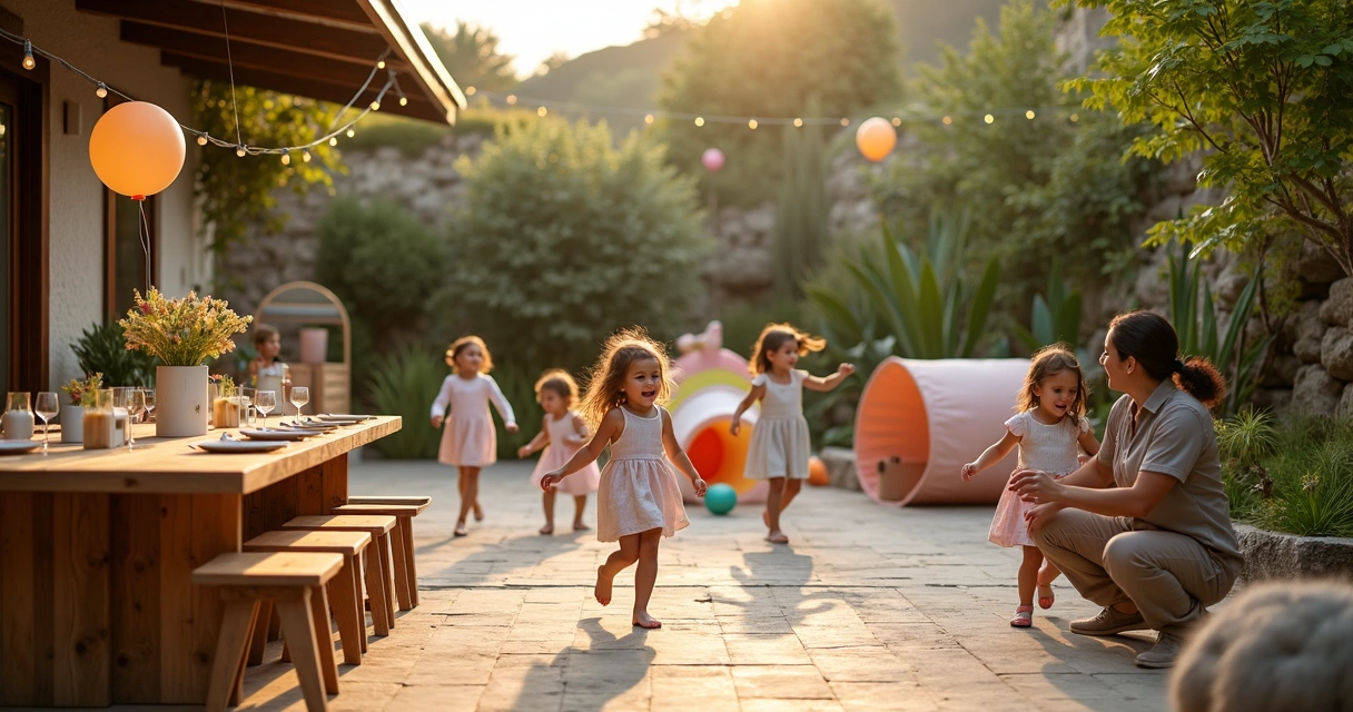 Crianças brincando em festa infantil em jardim iluminado 