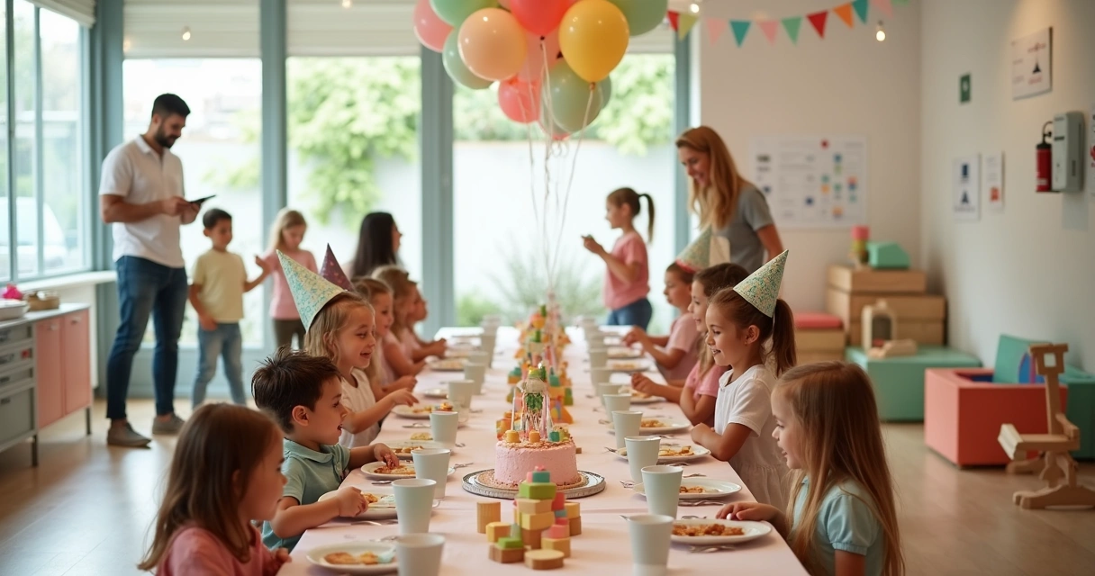 mesa de festa infantil colorida com pais conversando e sinalização de segurança ao fundo 