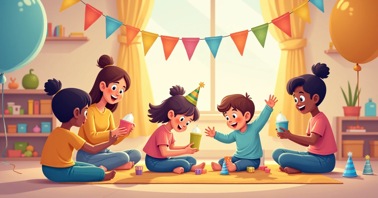 Crianças brincando em festa de aniversário adaptada com luz suave, decoração colorida e brinquedos sensoriais 
