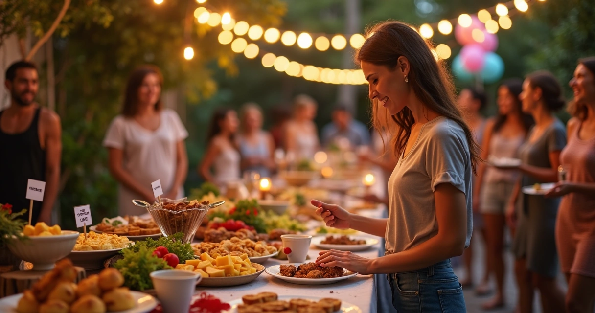 Mulher em festa escolhendo opções sem lactose em mesa de petiscos 