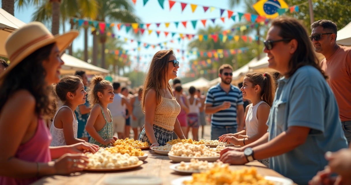 Festa junina de brasileiros com bandeirinhas e comidas típicas 