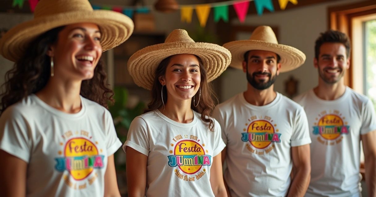 Grupo de pessoas com camisetas temáticas de festa junina e chapéus em ambiente decorado 