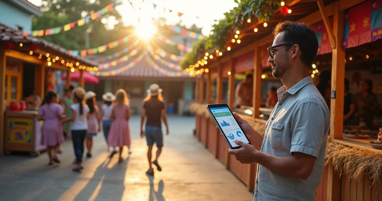 Diretora escolar usando tablet para gerenciar ingressos em festa junina infantil 