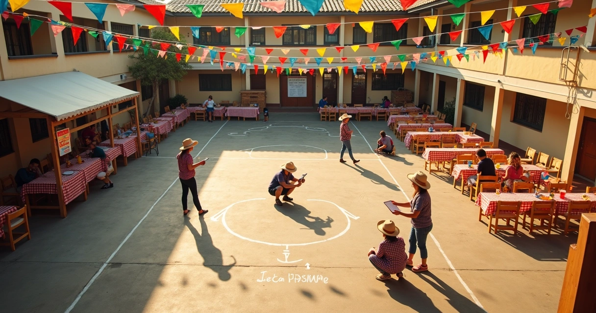 Pátio de escola decorado para festa junina com alunos organizando barraquinhas 