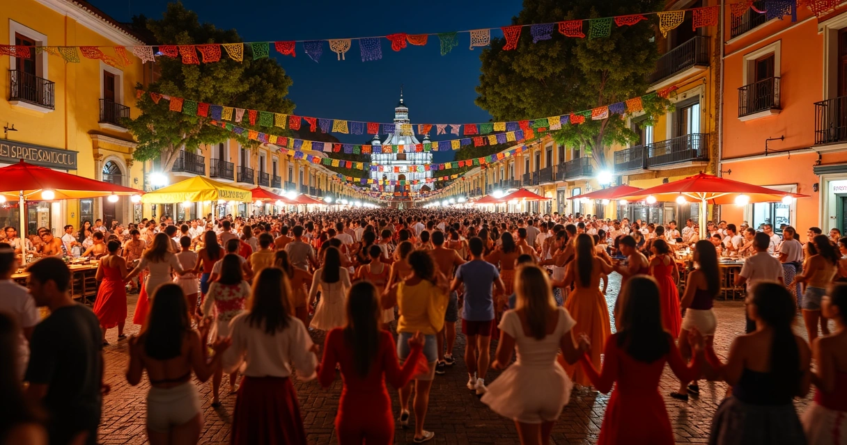 Festejo junino em Ilhéus com pessoas dançando quadrilha em praça decorada