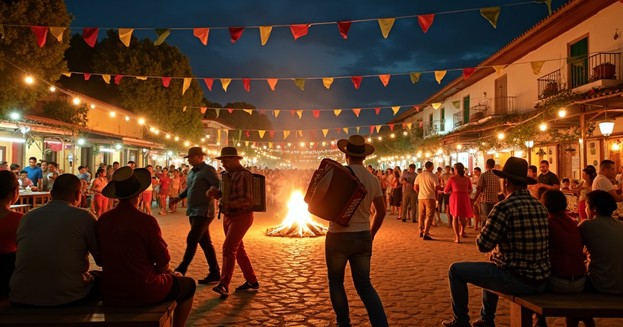 Festa junina com pessoas dançando forró em praça decorada com bandeirolas coloridas