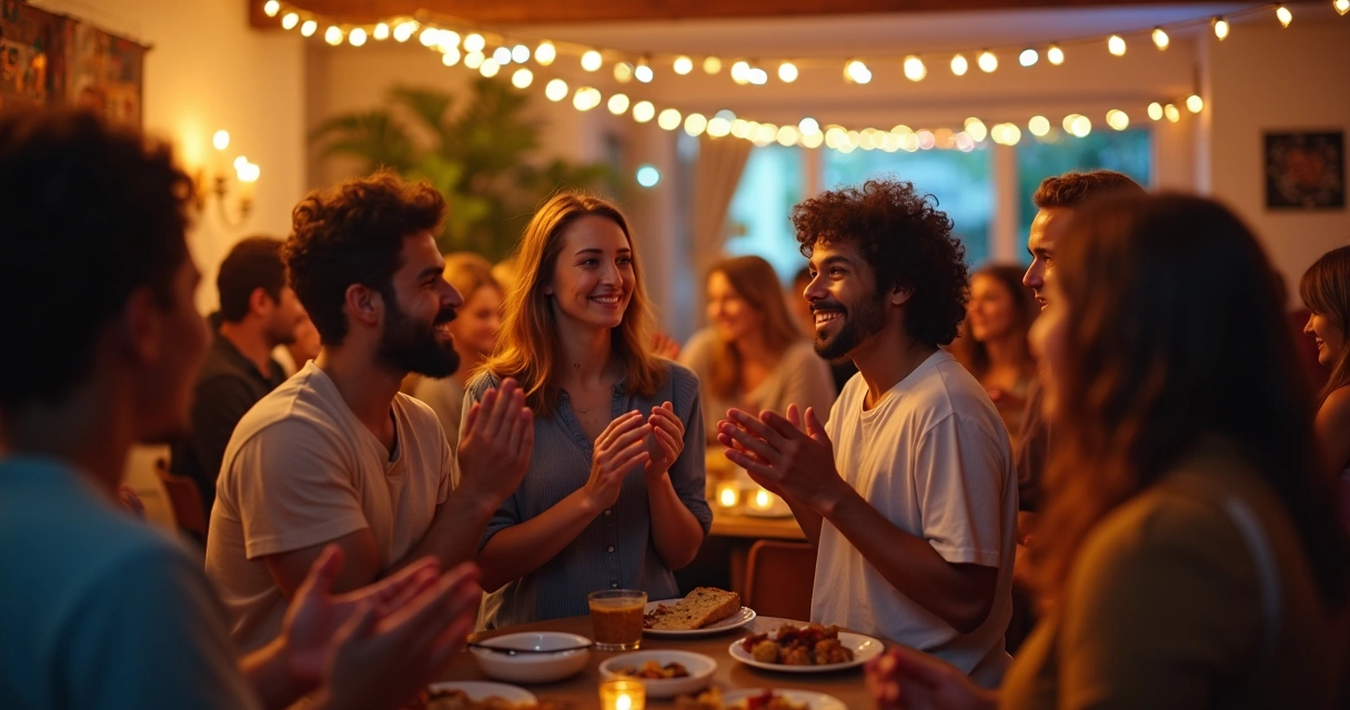 Pessoas reunidas em festa com luzes suaves e música ao fundo
