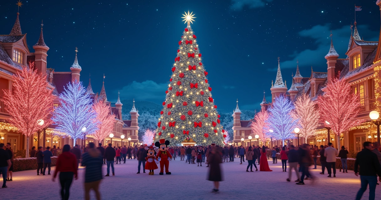Parque Disney iluminado com decoração natalina, árvore de Natal enorme e personagens em trajes festivos 