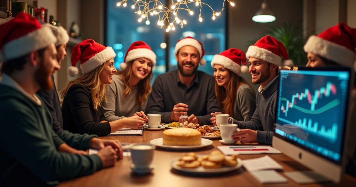 Equipe de escritório contábil celebrando festa de Natal, com decoração festiva e panetone 