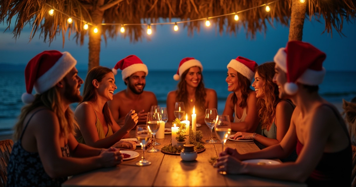 Amigos comemorando o Natal à beira-mar com mesa decorada, luzes e céu estrelado 