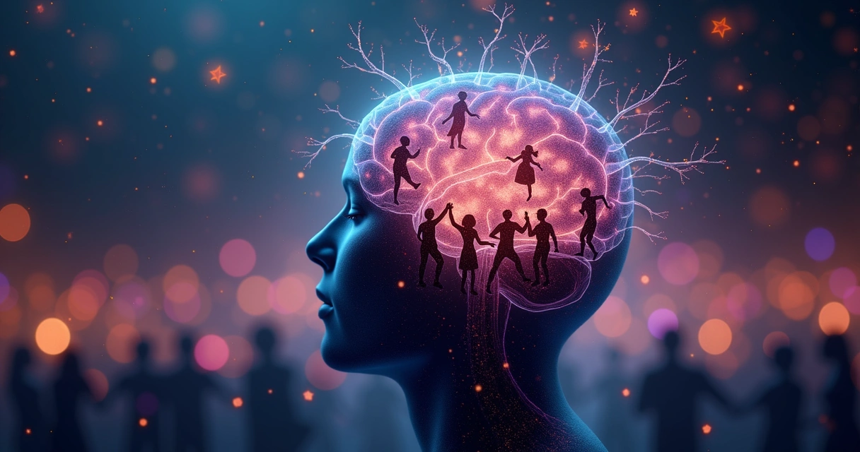 Neurônios coloridos formando silhueta de pessoas dançando 