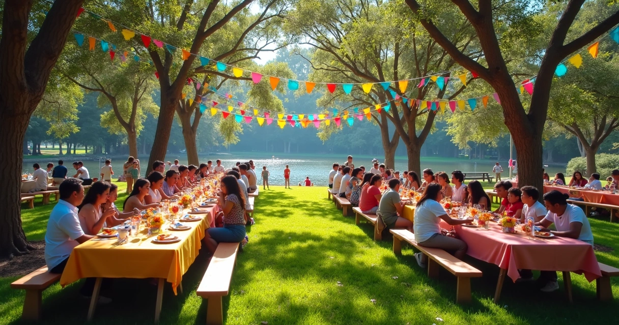 Festa de aniversário no parque com pessoas ao ar livre, decoração e mesas de comida 
