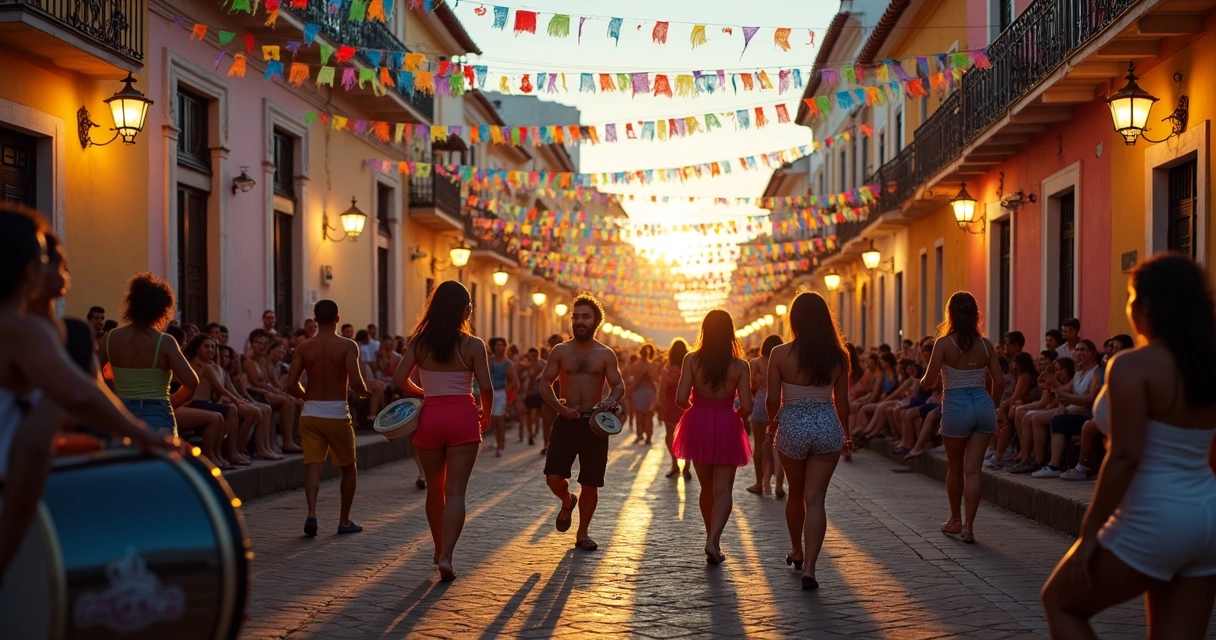 Rua decorada para festa popular com pessoas dançando em Ilhéus 