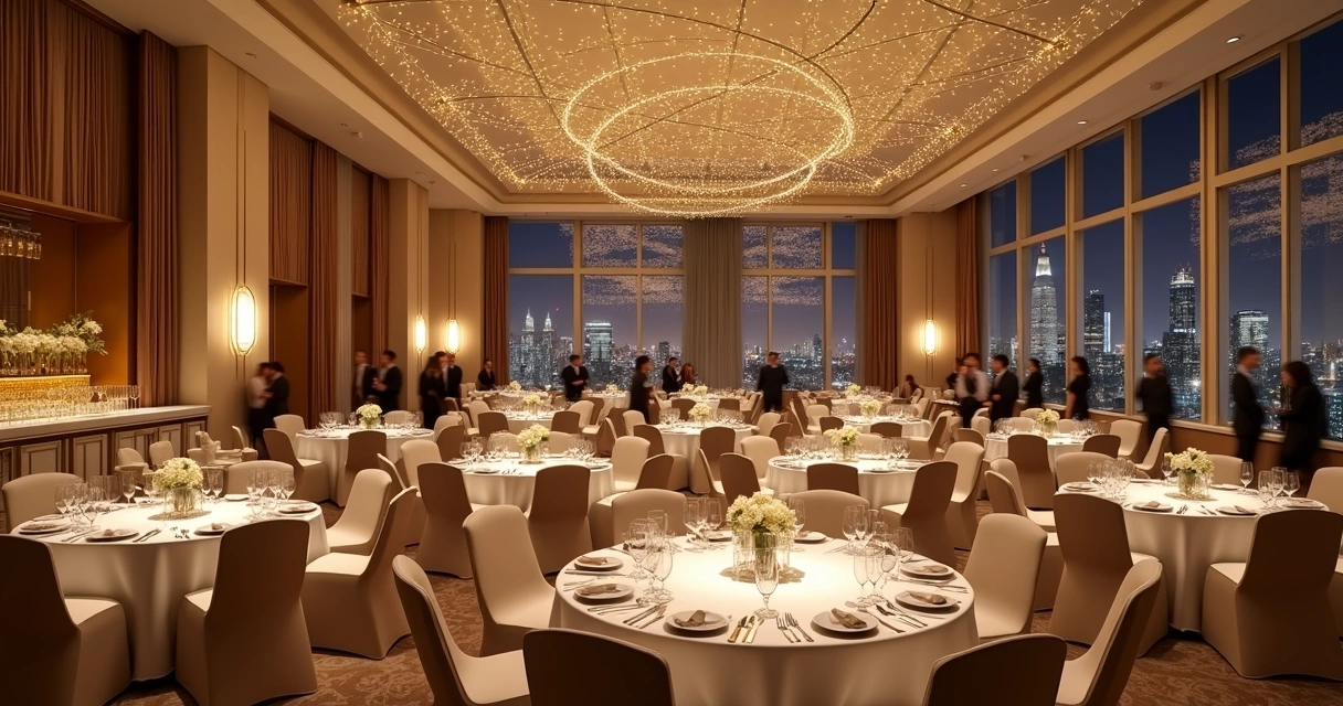 Decoração de festa de réveillon em hotel com mesas e luzes. 