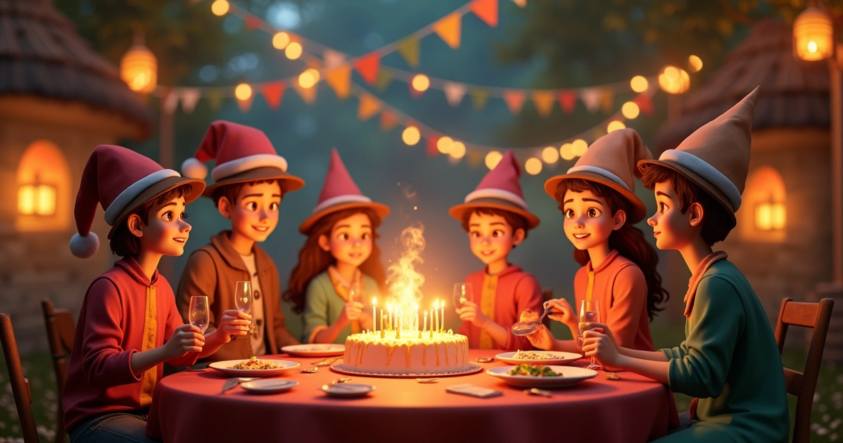 Decoração de aniversário em uma vila medieval virtual 