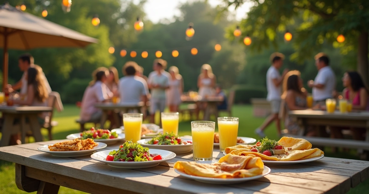 Festa simples ao ar livre com comida bem apresentada na Flórida 