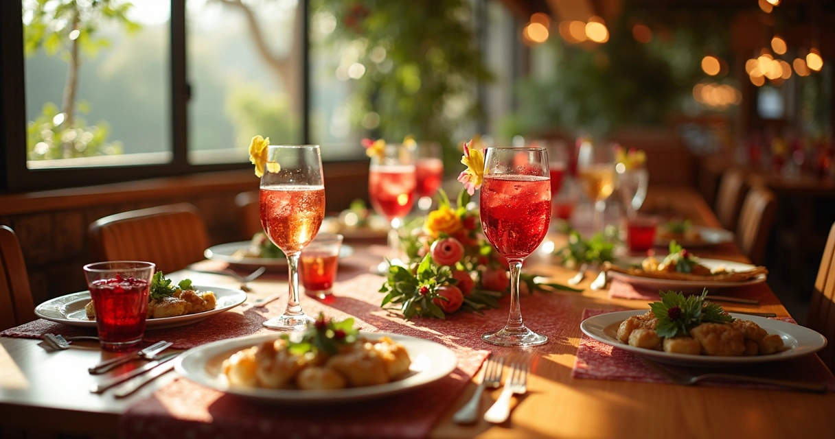 Mesa decorada com pratos temáticos para festa em restaurante