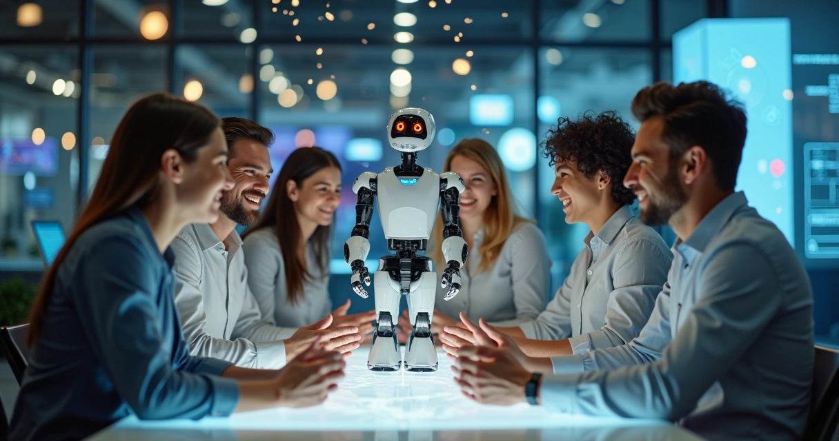 Equipe digital comemorando vitória com robôs integrados 