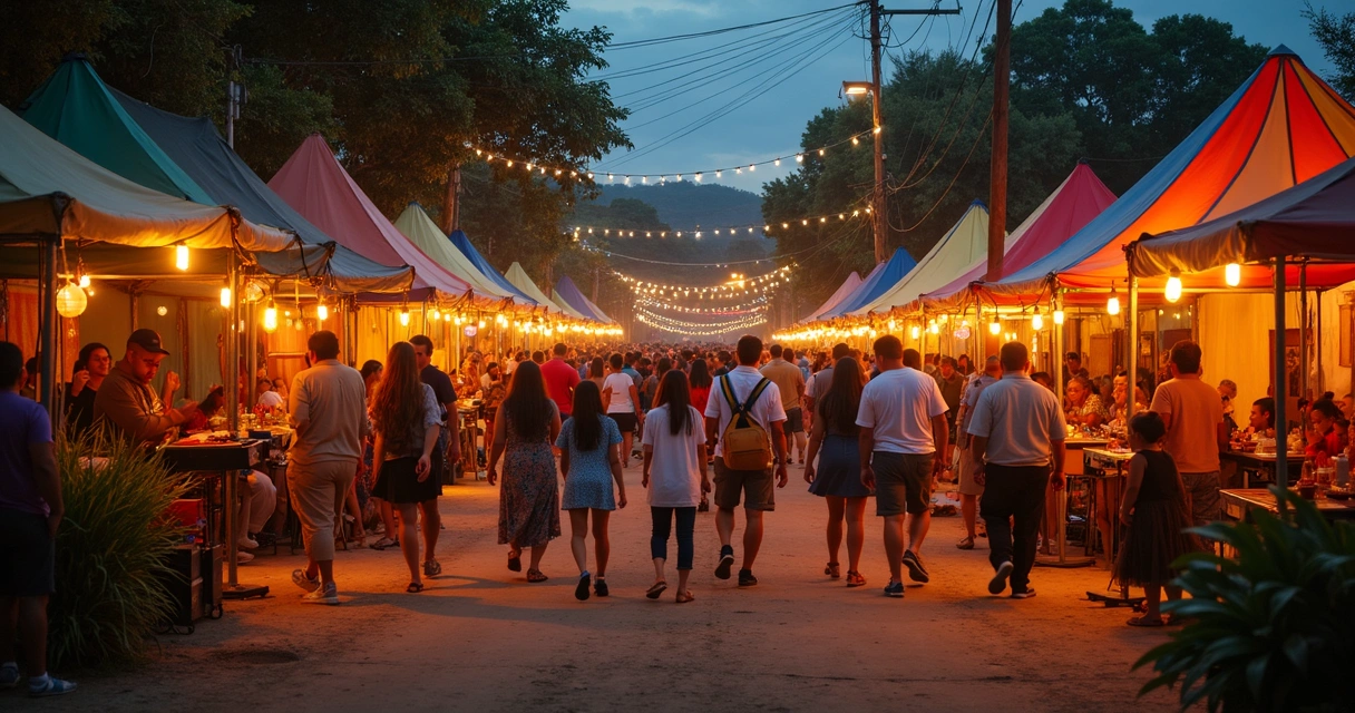 Festa tradicional de bairro em Paulínia, barracas e pessoas 