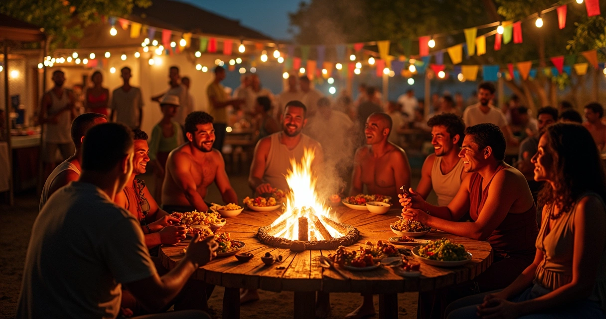 Grupo em festa rural de fogueira e comida típica baiana