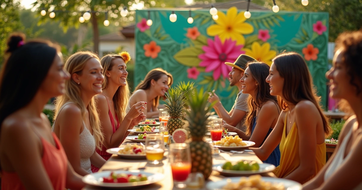 Festa tropical para adultos com decoração colorida, frutas frescas e crepes 