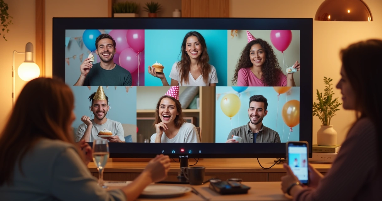 Pessoas sorrindo em vídeo chamada de festa virtual 