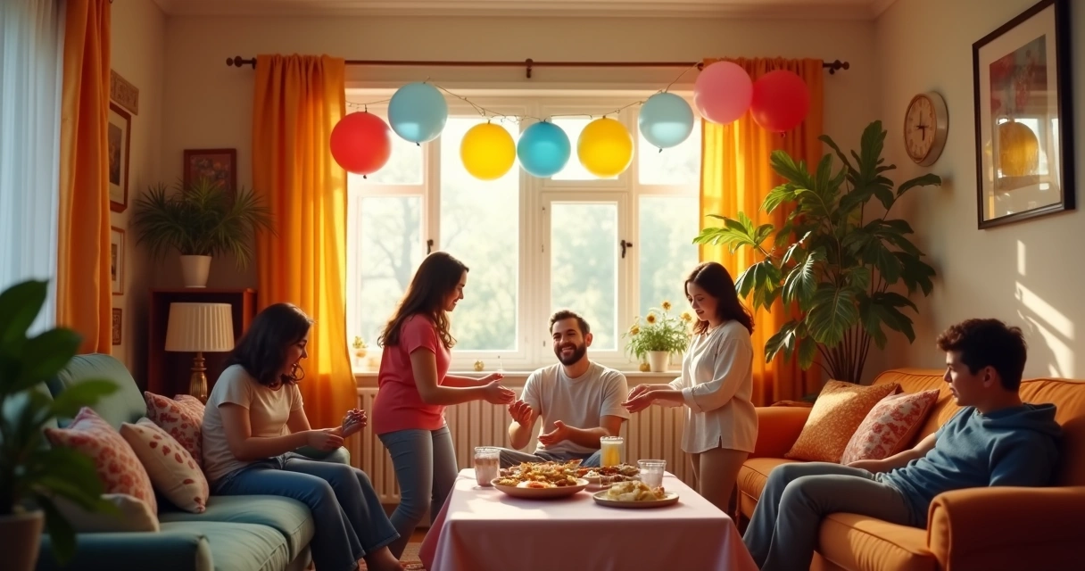 Grupo de pessoas decorando a sala de casa para uma festa, com balões coloridos e mesa sendo arrumada 