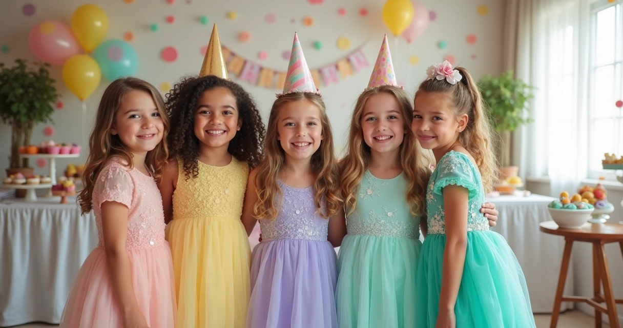Crianças de várias idades em festa, usando vestidos coloridos