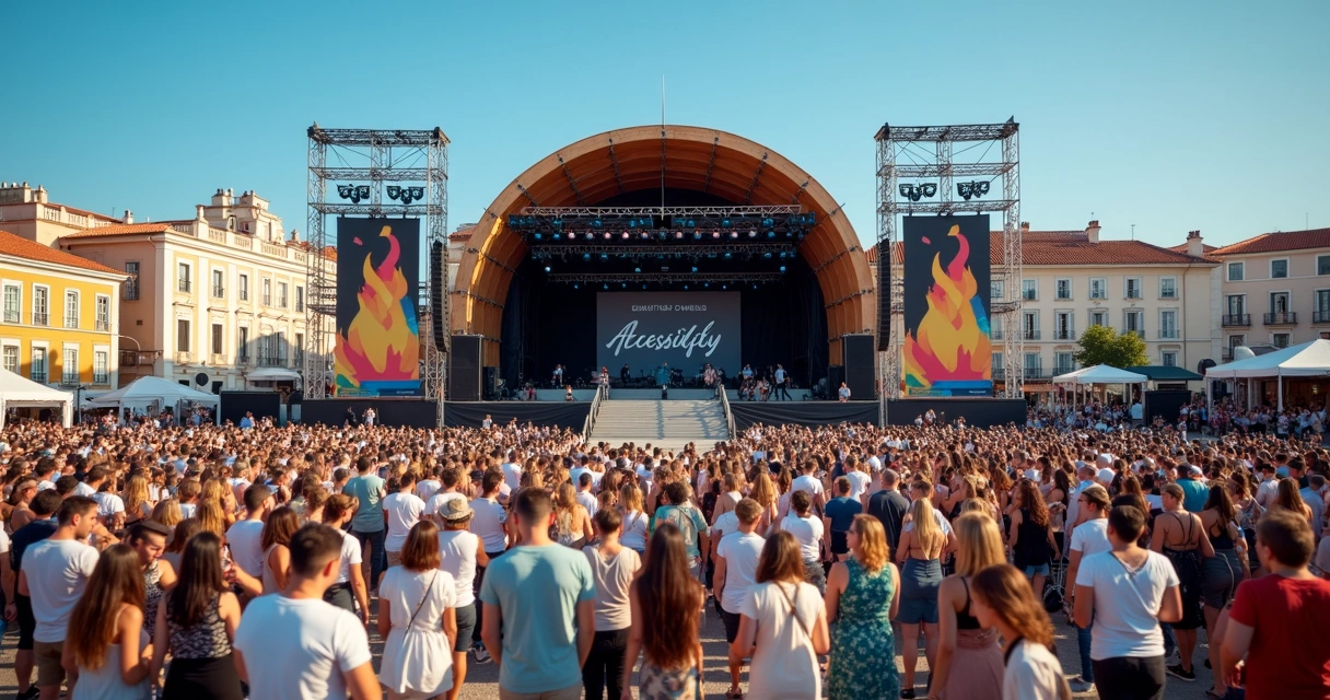 Palco ao ar livre com rampa de acesso em festival cultural português 