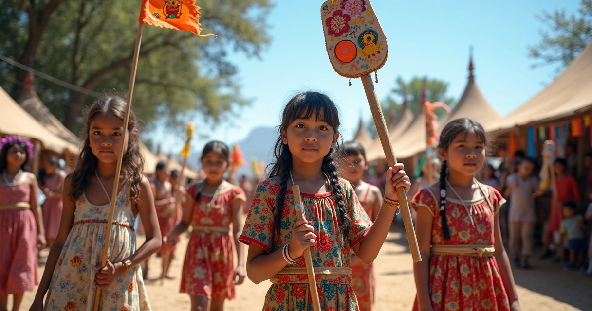 Crianças e adultos em um festival comunitário, segurando símbolos e banners coloridos